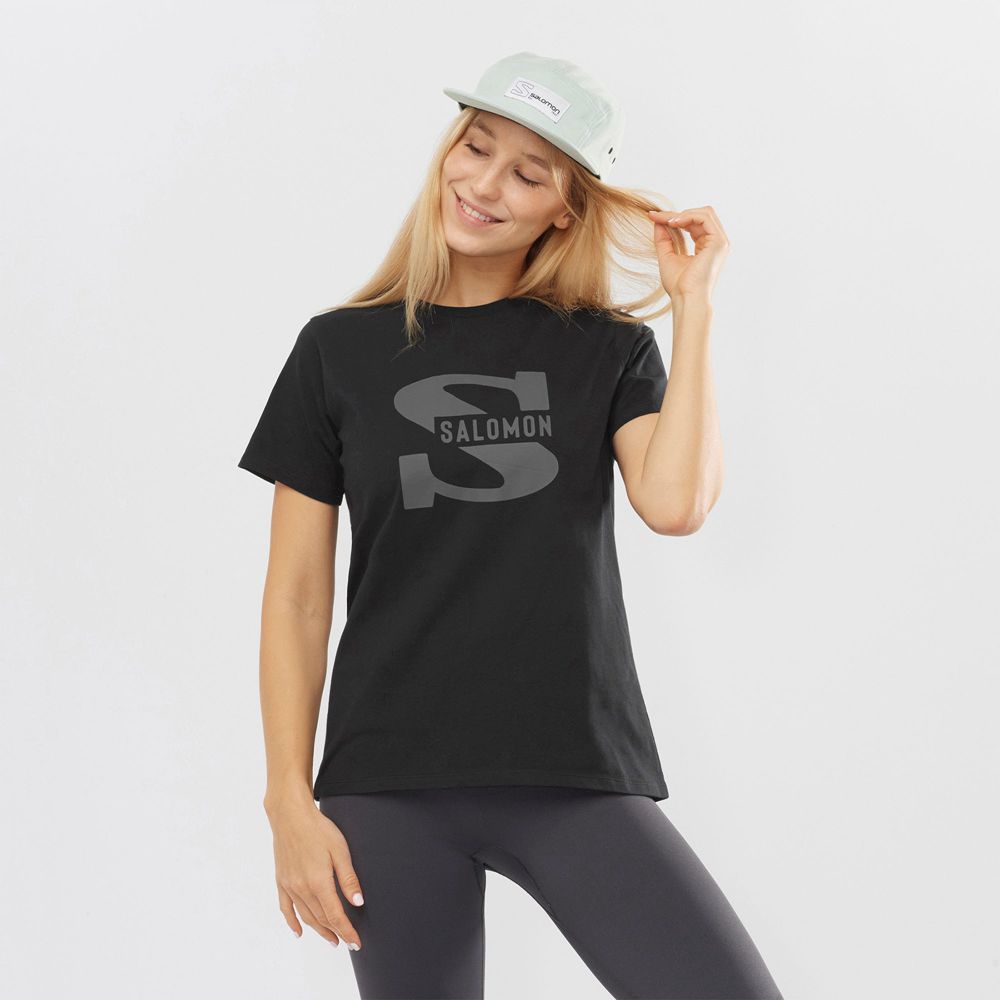 Salomon OUTLIFE BIG LOGO - Womens Short Sleeve T-Shirt - Black - NZ (45721-ANQV)